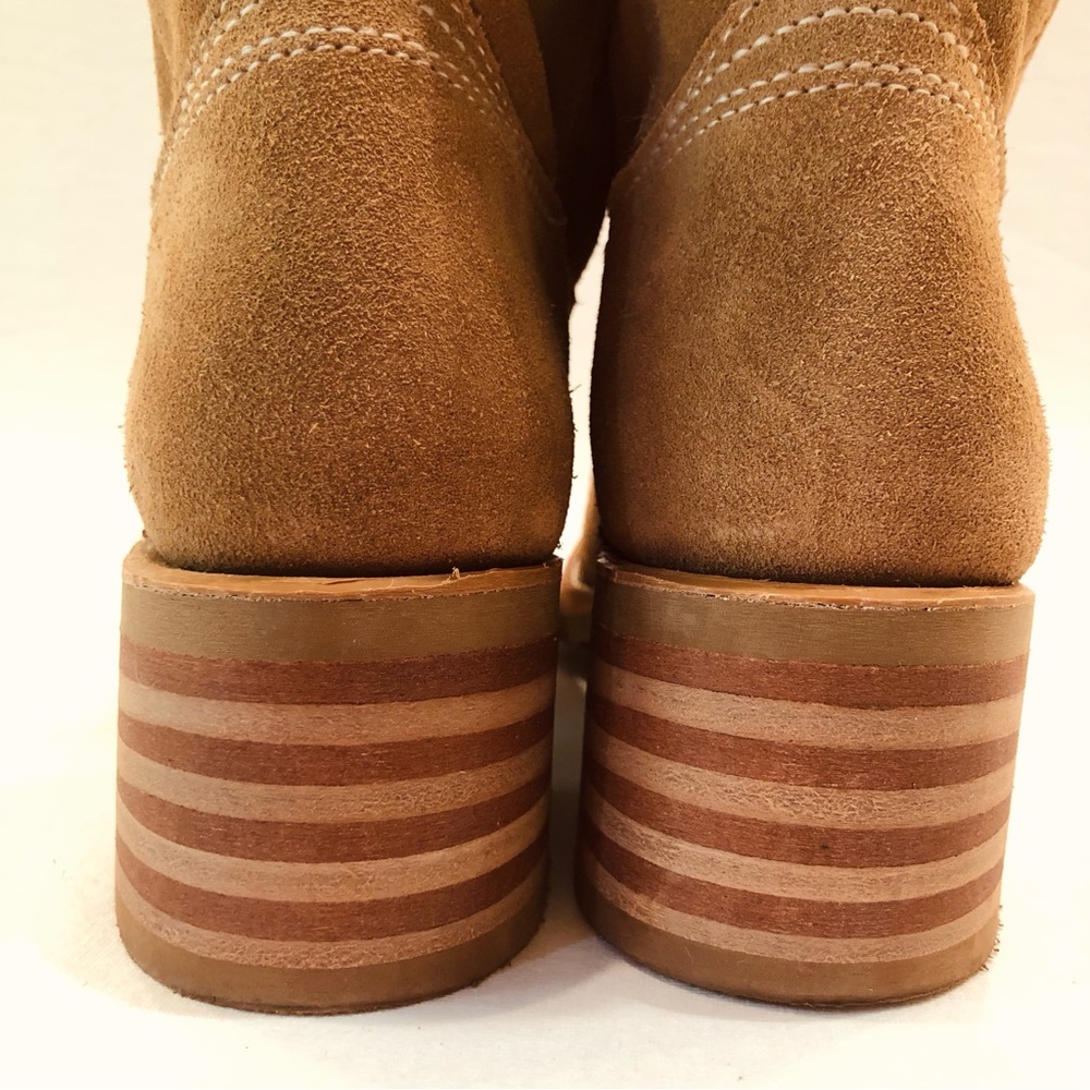FRYE CAMPUS 12R Tan Mid Calf Suede Leather Boots Stacked wood heel Round toe 6.5 - Picture 8 of 15